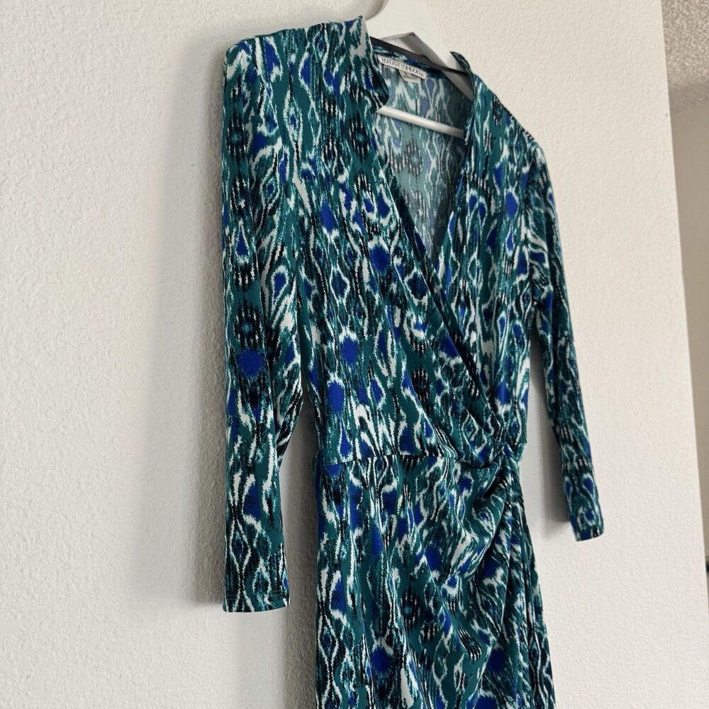 Maggy London Blue Turquoise Wrap Dress Stretch 3/4 Sleeves Sz 6 Knee Length Y2K